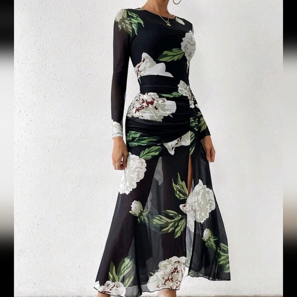 Floral Sheer Mesh Ruched High Slit Long Sleeve Dress Black - Picture 3 of 6